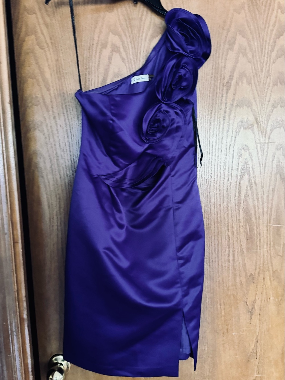 Calvin Klein One-Shoulder Purple Satin Dress with Rosette Accents